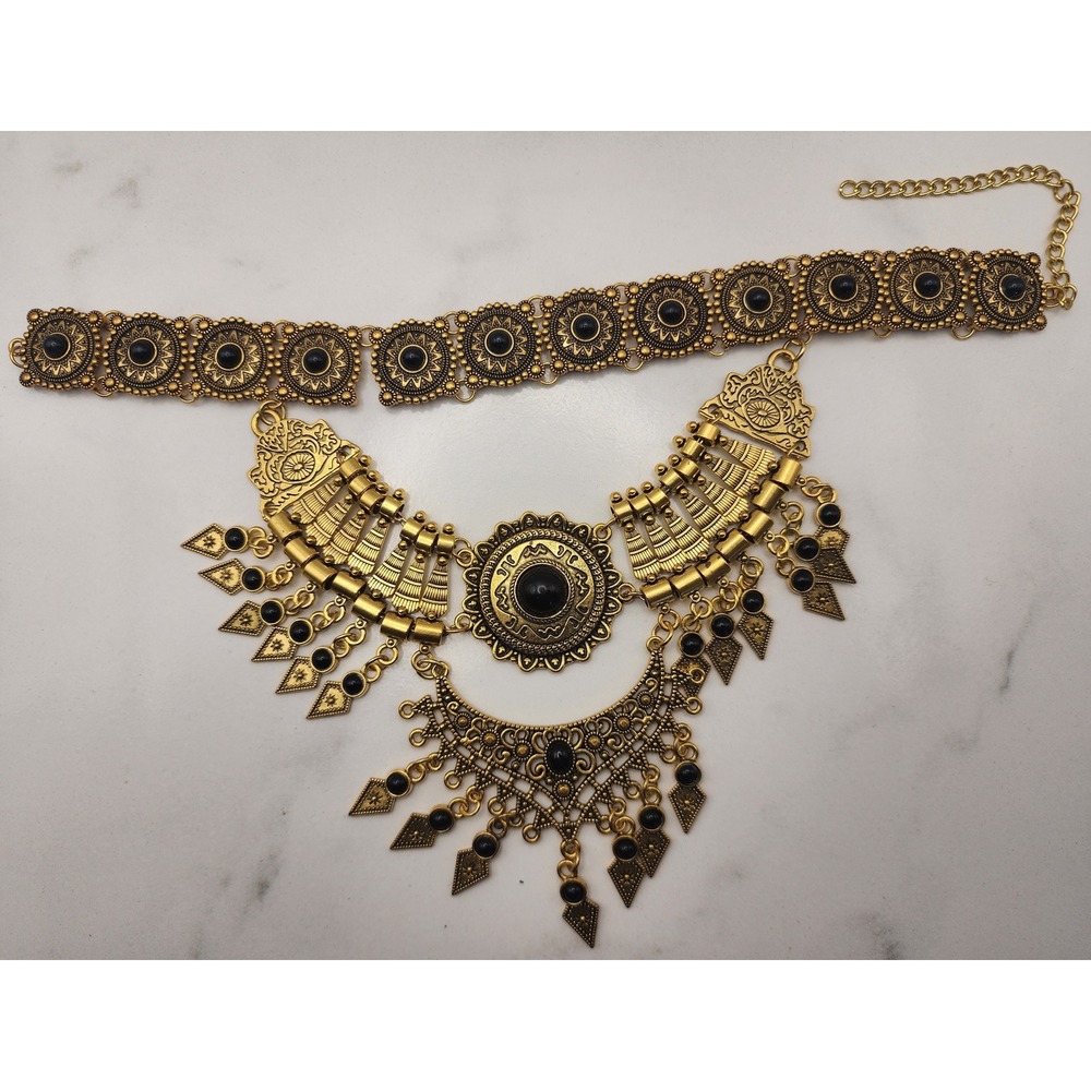 Egyptian Revival Gold Tone Choker Necklace Black Cabochon Statement Cleopatra - Picture 4 of 5